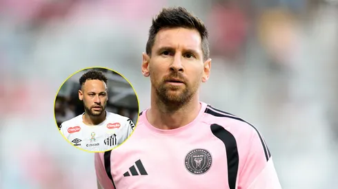 Lionel Messi #10, do Inter Miami CF, aquece antes da partida da MLS entre Inter Miami CF e New England Revolution/Neymar jogador do Santos durante partida contra o Remo (Imagem: Megan Briggs/Getty Images/Jota Erre/AGIF)