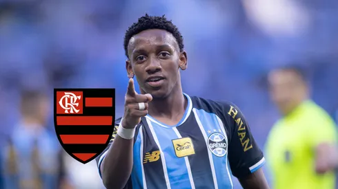 Gabriel Mec jogador do Grêmio comemora seu gol durante partida contra o Coritiba no estádio Arena do Grêmio pelo campeonato Brasileiro A 2026. Foto: Maxi Franzoi/AGIF