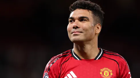 MANCHESTER, ENGLAND - APRIL 27: Casemiro of Manchester United reacts following the Premier League match between Manchester United and Brentford at Old Trafford on April 27, 2026 in Manchester, England. (Photo by Alex Livesey/Getty Images)