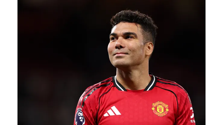 MANCHESTER, ENGLAND - APRIL 27: Casemiro of Manchester United reacts following the Premier League match between Manchester United and Brentford at Old Trafford on April 27, 2026 in Manchester, England. (Photo by Alex Livesey/Getty Images)