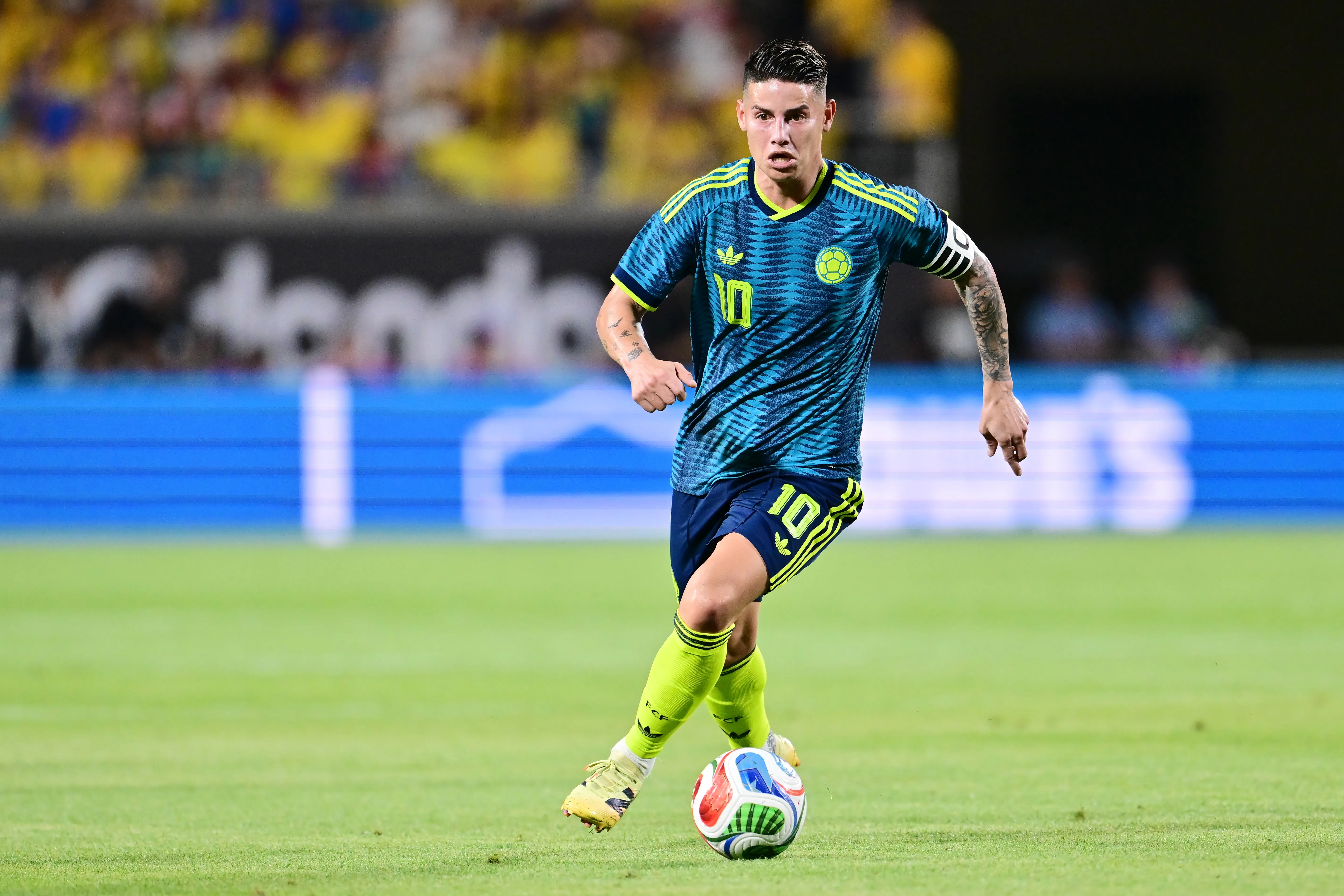 ORLANDO, FLORIDA – MARCH 26: James Rodríguez of Colombia controls the ball during the international friendly match between Colombia and Croatia an international at Camping World Stadium on March 26, 2026 in Orlando, Florida. (Photo by Julio Aguilar/Getty Images)