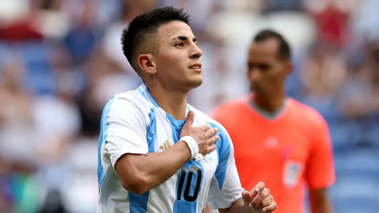 Thiago Almada of Team Argentina celebrates scoring his team's first goal during the Men's group B match between Ukraine and Argentina during the Olympic Games Paris 2024 at Stade de Lyon on July 30, 2024 in Lyon, France.