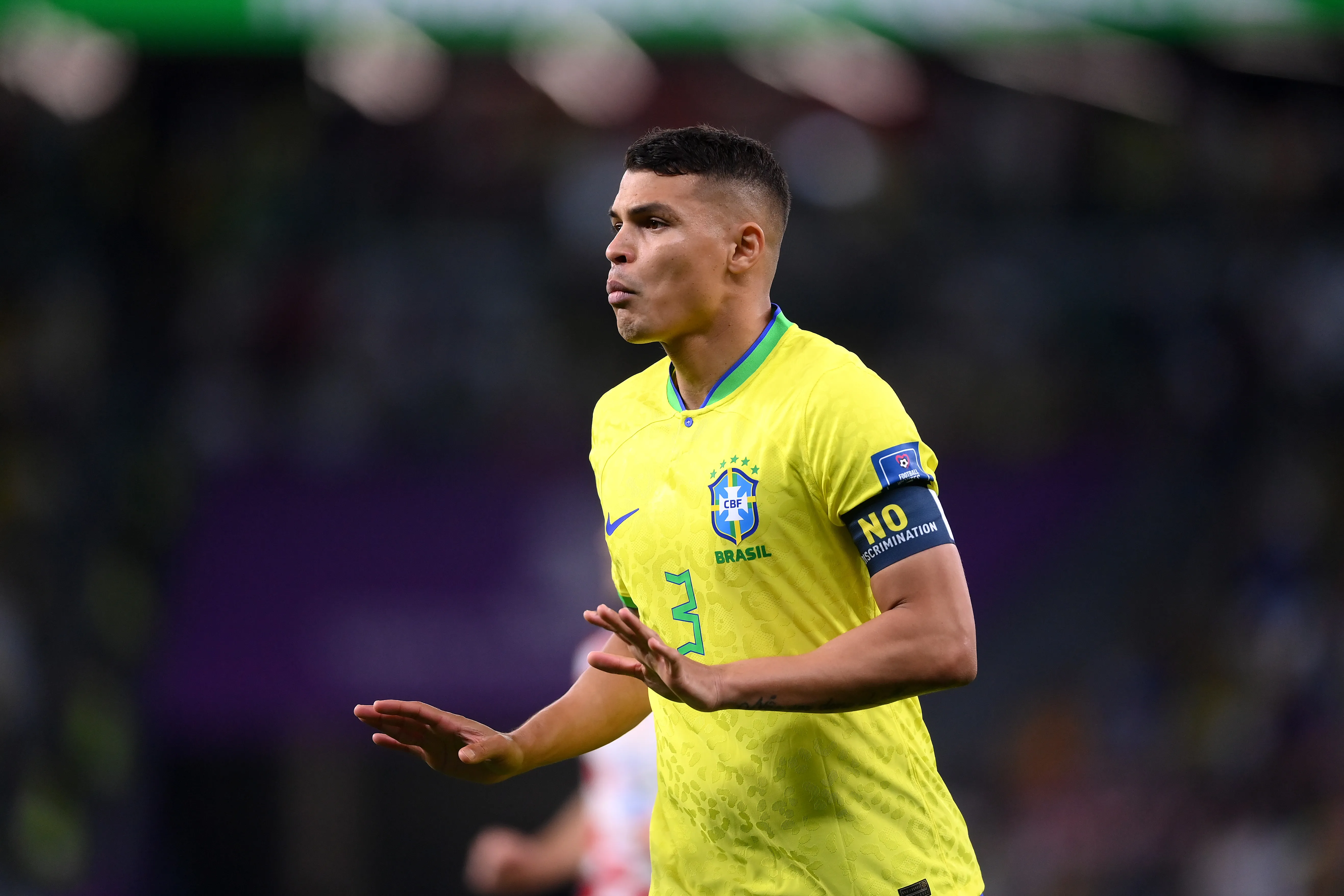 AL RAYYAN, QATAR – DECEMBER 09: Thiago Silva of Brazil reacts during the FIFA World Cup Qatar 2022 quarter final match between Croatia and Brazil at Education City Stadium on December 09, 2022 in Al Rayyan, Qatar. (Photo by Laurence Griffiths/Getty Images)
