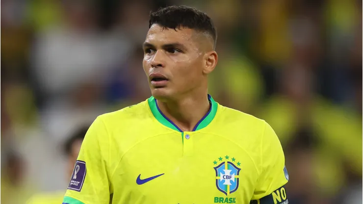 Thiago Silva of Brazil reacts during the FIFA World Cup Qatar 2022 quarter final match between Croatia and Brazil at Education City Stadium on December 09, 2022 in Al Rayyan, Qatar. (Photo by Alex Grimm/Getty Images)