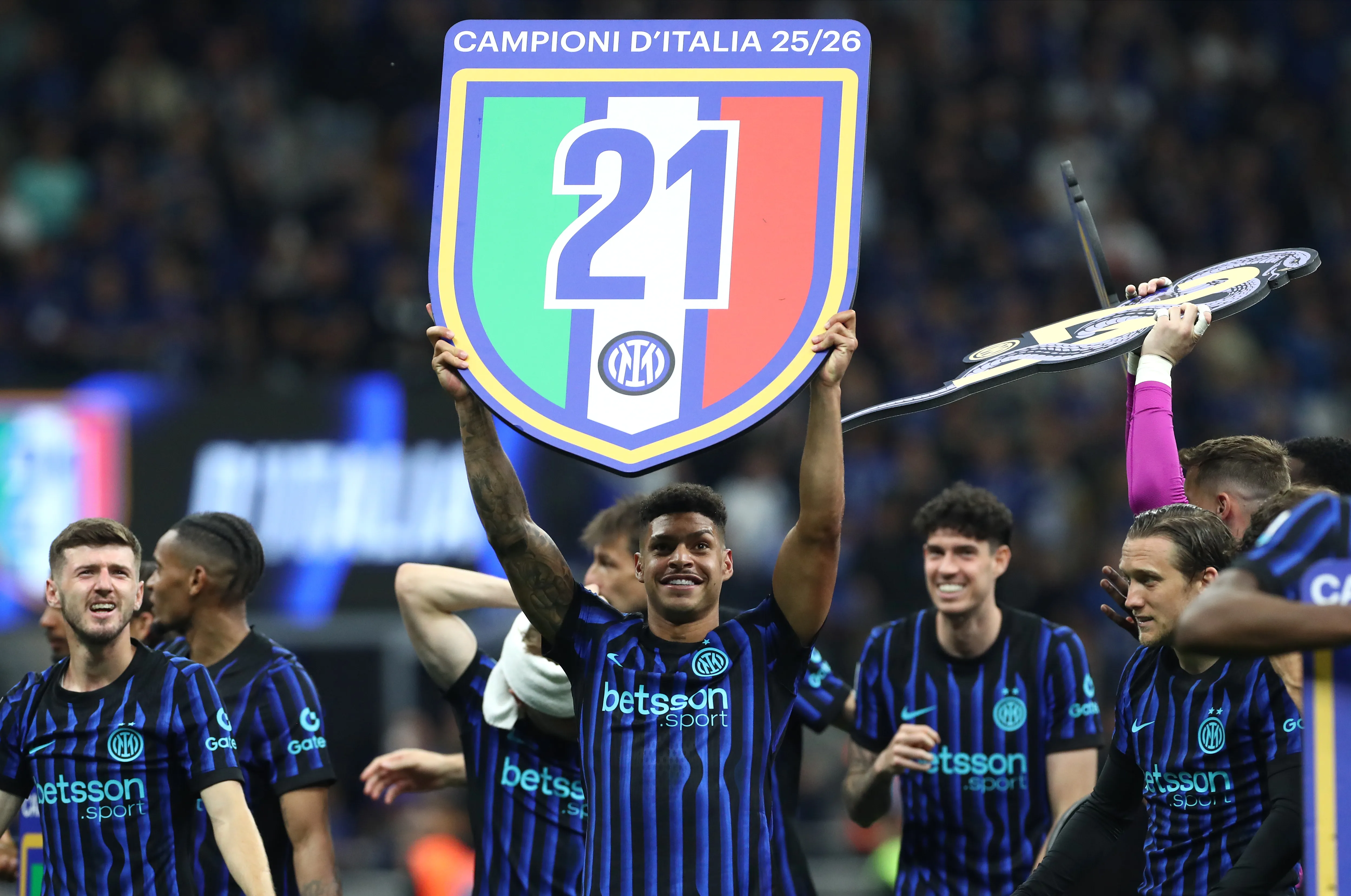 MILAN, ITALY – MAY 03: Luis Henrique of FC Internazionale Milano celebrates after being confirmed as Serie A champions following victory in the Serie A match between FC Internazionale and Parma Calcio 1913 at Giuseppe Meazza Stadium on May 03, 2026 in Milan, Italy. (Photo by Marco Luzzani/Getty Images)