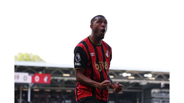 LONDON, ENGLAND - MAY 09: Rayan of AFC Bournemouth celebrates scoring his team's first goal during the Premier League match between Fulham and Bournemouth at Craven Cottage on May 09, 2026 in London, England. (Photo by Ryan Pierse/Getty Images)
