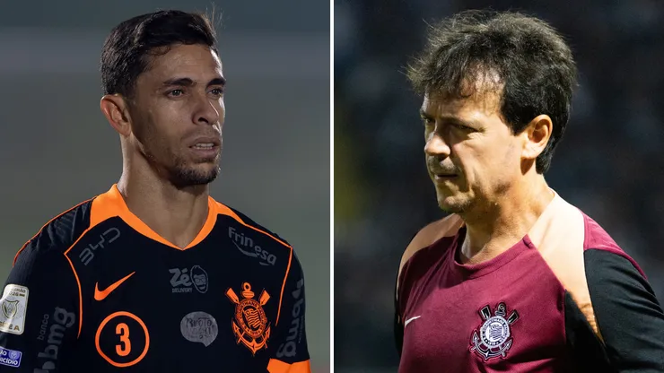 Gabriel Paulista e Fernando Diniz, zagueiro e técnico do Corinthians. Fotos: Joisel Amaral/AGIF e Thiago Vasconcelos Dos Santos/AGIF