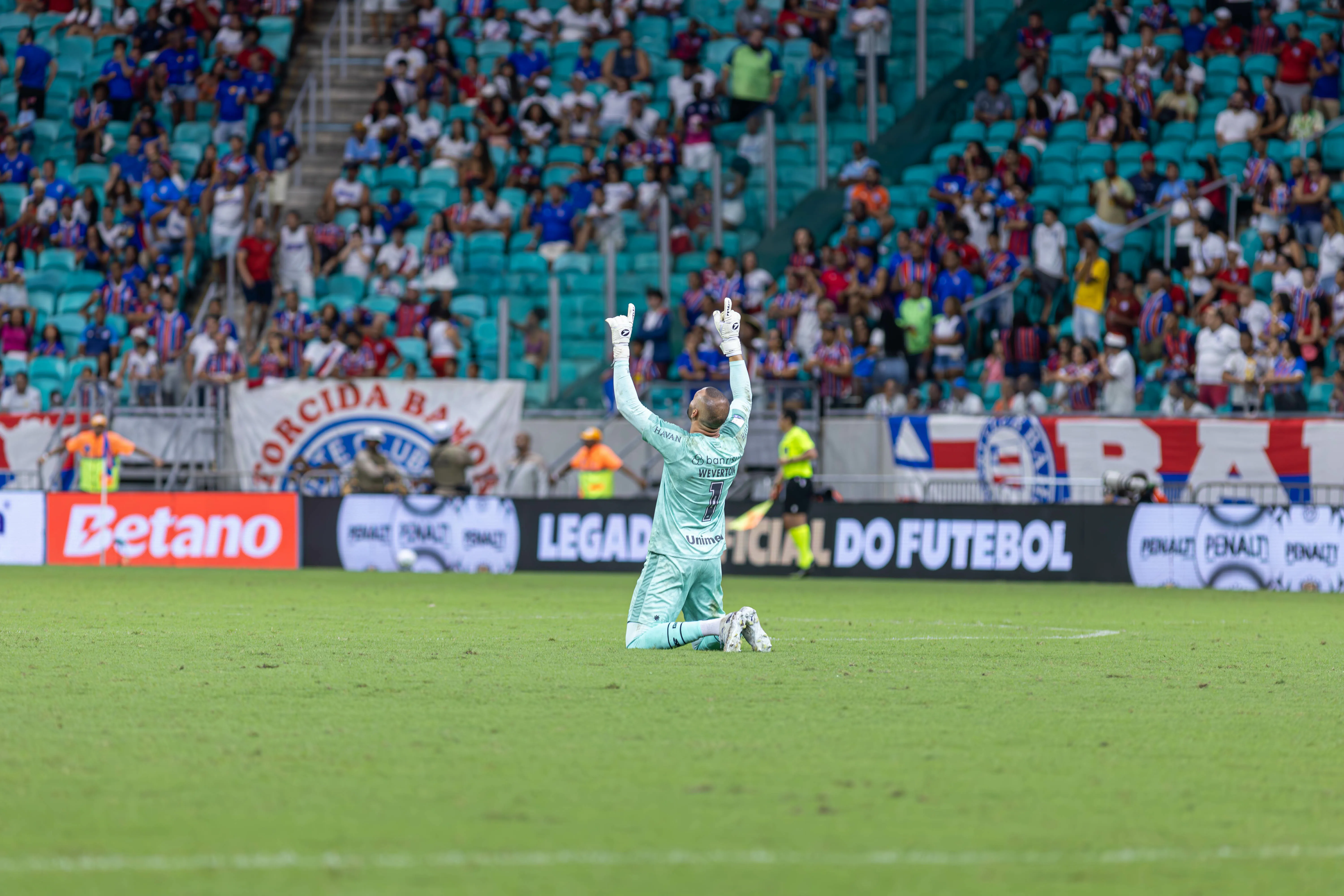 Weverton comemora gol do Grêmio diante do Bahia. Foto: Marcio Jose/AGIF
