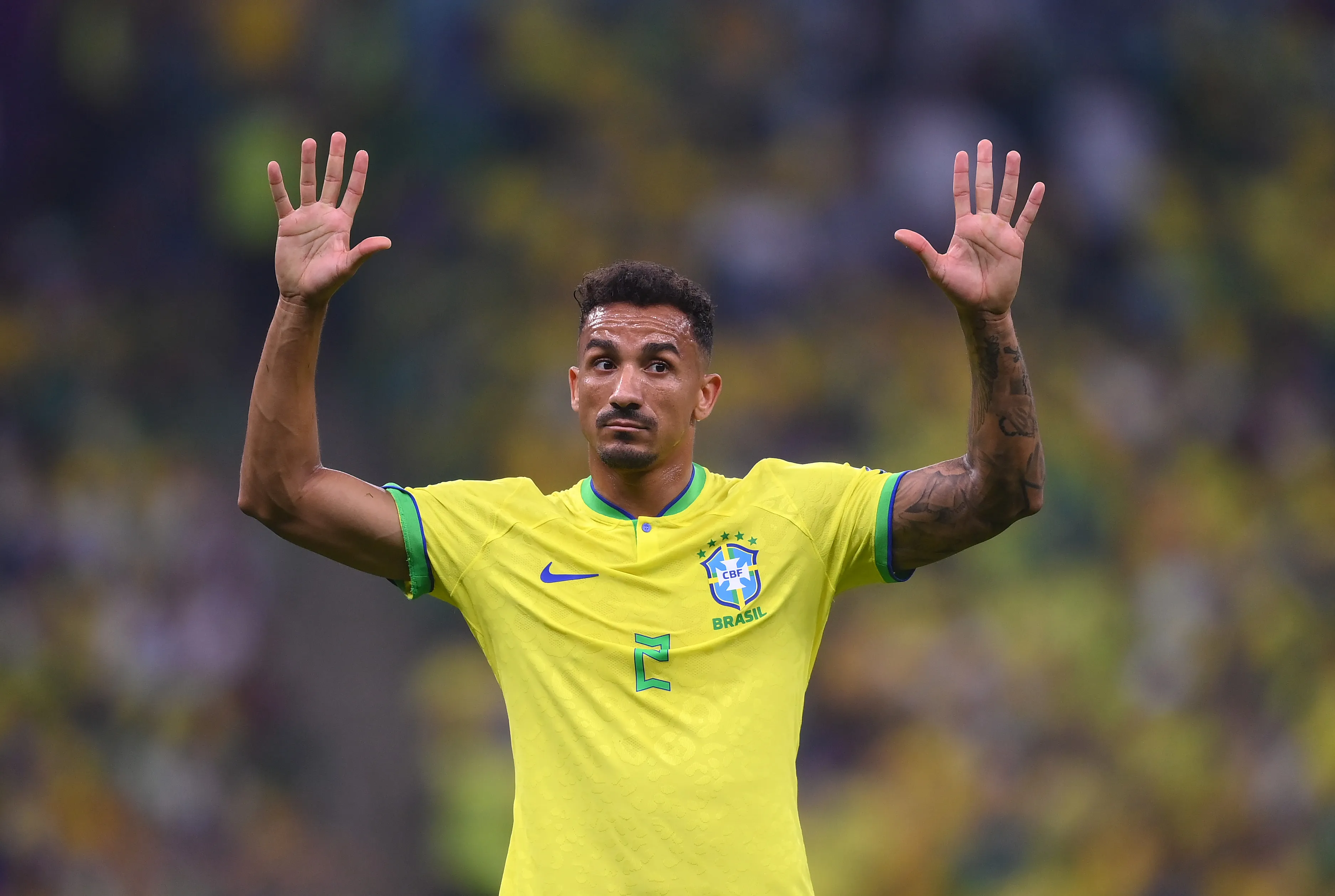 LUSAIL CITY, QATAR – NOVEMBER 24: Danilo of Brazil looks on during the FIFA World Cup Qatar 2022 Group G match between Brazil and Serbia at Lusail Stadium on November 24, 2022 in Lusail City, Qatar. (Photo by Laurence Griffiths/Getty Images)