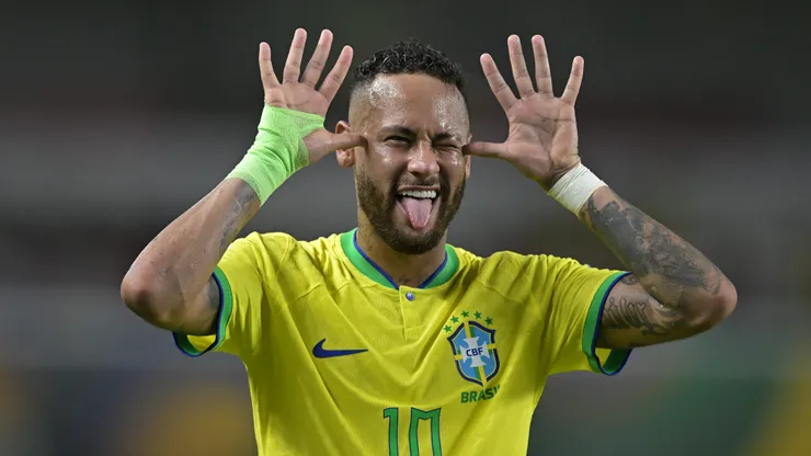 Neymar Jr. of Brazil celebrates after scoring the fifth goal of his team during a FIFA World Cup 2026 Qualifier match between Brazil and Bolivia at Mangueirao on September 08, 2023 in Belem, Brazil.