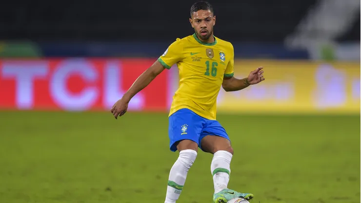 Renan Lodi jogador do Brasil durante partida contra o Colombia no estadio Engenhao pelo campeonato Copa America 2021.