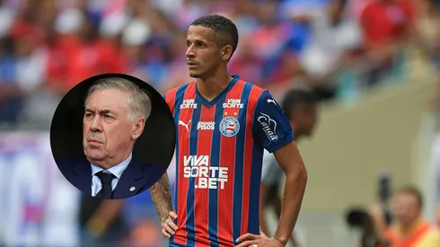 Luciano Juba jogador do Bahia durante partida no estádio Arena Fonte Nova/Carlo Ancelotti, treinador do Brasil, reage antes da partida amistosa internacional entre Brasil e França (Imagem: Jhony Pinho/AGIF/Maddie Meyer/Getty Images)