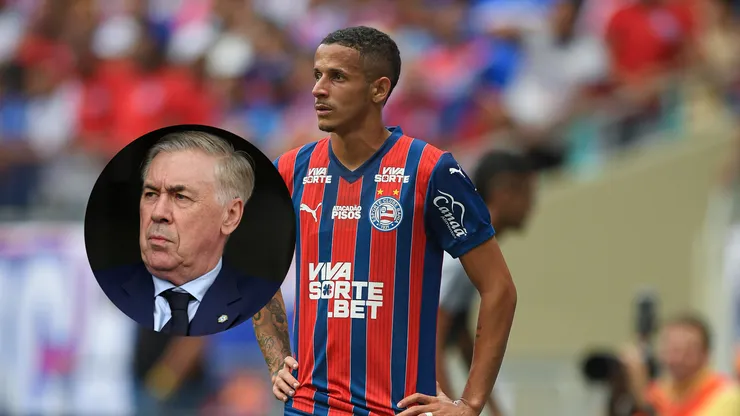 Luciano Juba jogador do Bahia durante partida no estádio Arena Fonte Nova/Carlo Ancelotti, treinador do Brasil, reage antes da partida amistosa internacional entre Brasil e França (Imagem: Jhony Pinho/AGIF/Maddie Meyer/Getty Images)