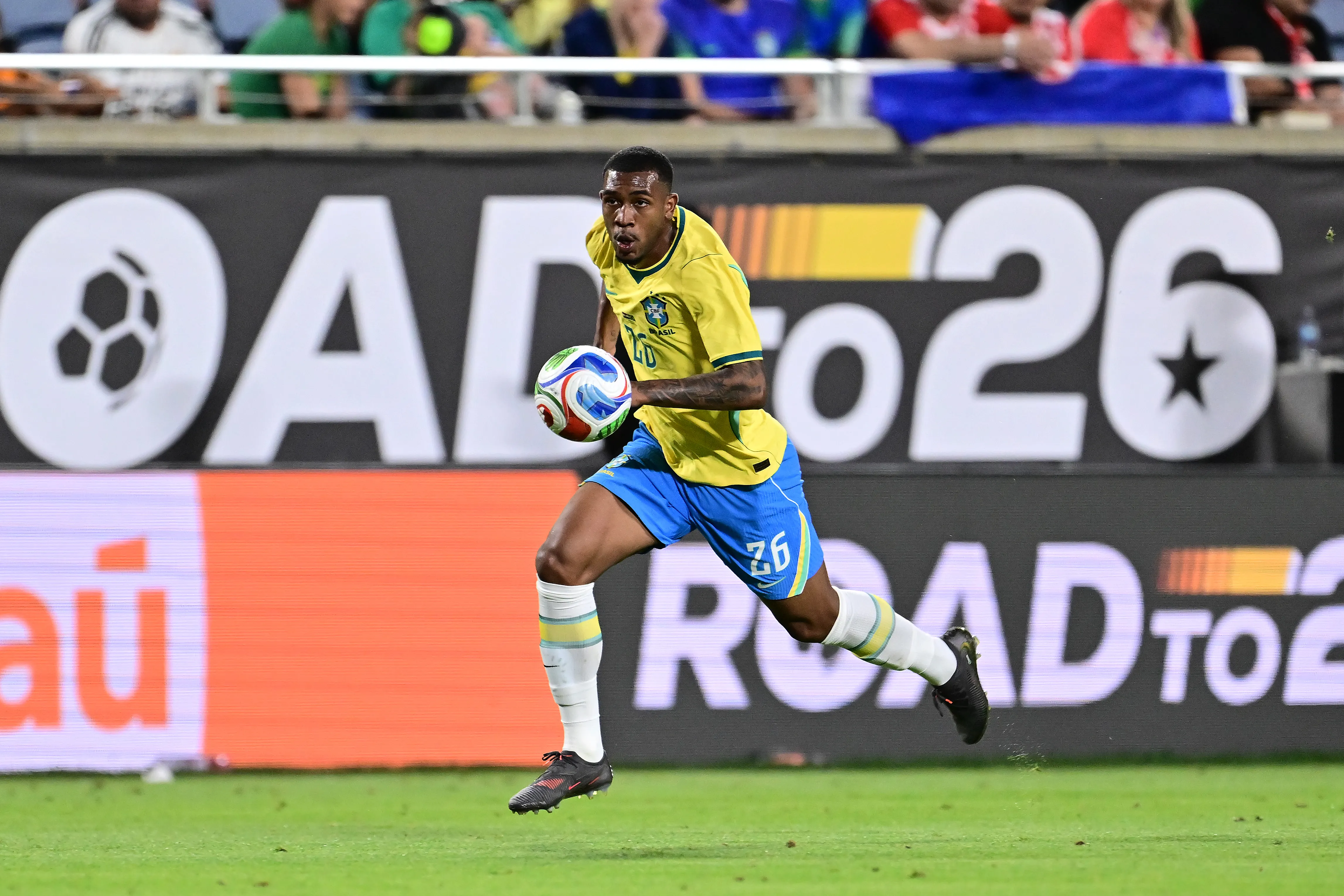 Rayan of Brazil runs with the ball during the international friendly match between Brazil and Croatia at Camping World Stadium on March 31, 2026 in Orlando, Florida. (Photo by Julio Aguilar/Getty Images)