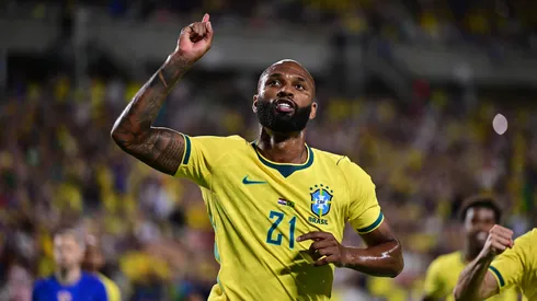 Igor Thiago of Brazil celebrates after scoring his team's second goal during the international friendly match between Brazil and Croatia at Camping World Stadium on March 31, 2026 in Orlando, Florida.