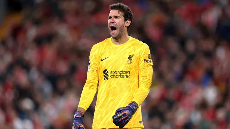 Alisson Becker of Liverpool reacts during the UEFA Champions League 2024/25 League Phase MD2 match between Liverpool FC and Bologna FC 1909 at Anfield on October 02, 2024 in Liverpool, England.