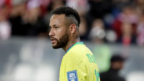 Detailed view of the “Football Unites the World” badge from Neymar Jr. of Brazil during a FIFA World Cup 2026 Qualifier match between Peru and Brazil at Estadio Nacional de Lima on September 12, 2023 in Lima, Peru.
