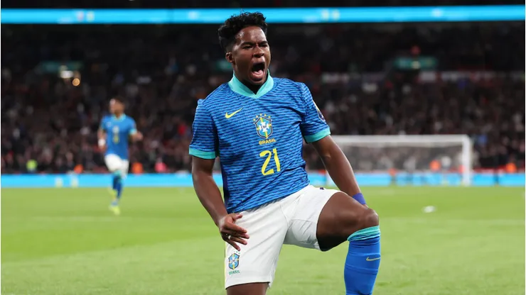 LONDON, ENGLAND - MARCH 23: Endrick of Brazil celebrates scoring the first goal during the international friendly match between England and Brazil at Wembley Stadium on March 23, 2024 in London, England. (Photo by Catherine Ivill/Getty Images)