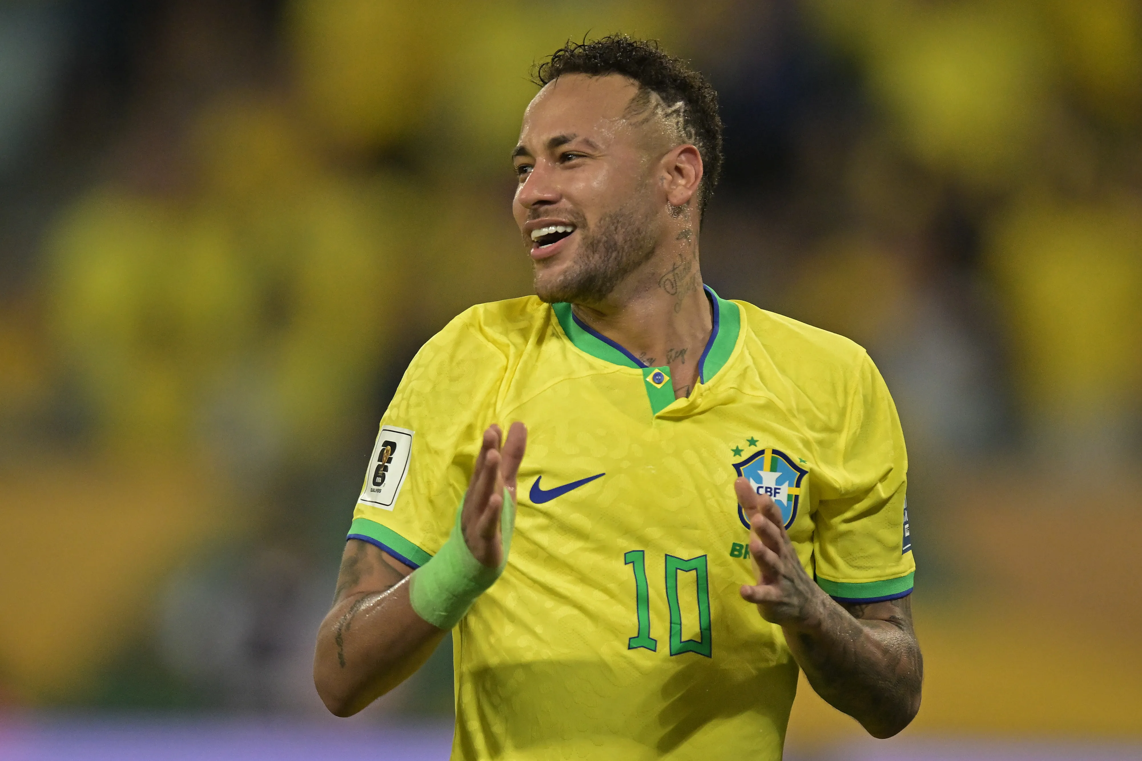 Neymar Jr. of Brazil reacts during a FIFA World Cup 2026 Qualifier match between Brazil and Venezuela at Arena Pantanal on October 12, 2023 in Cuiaba, Brazil. (Photo by Pedro Vilela/Getty Images)