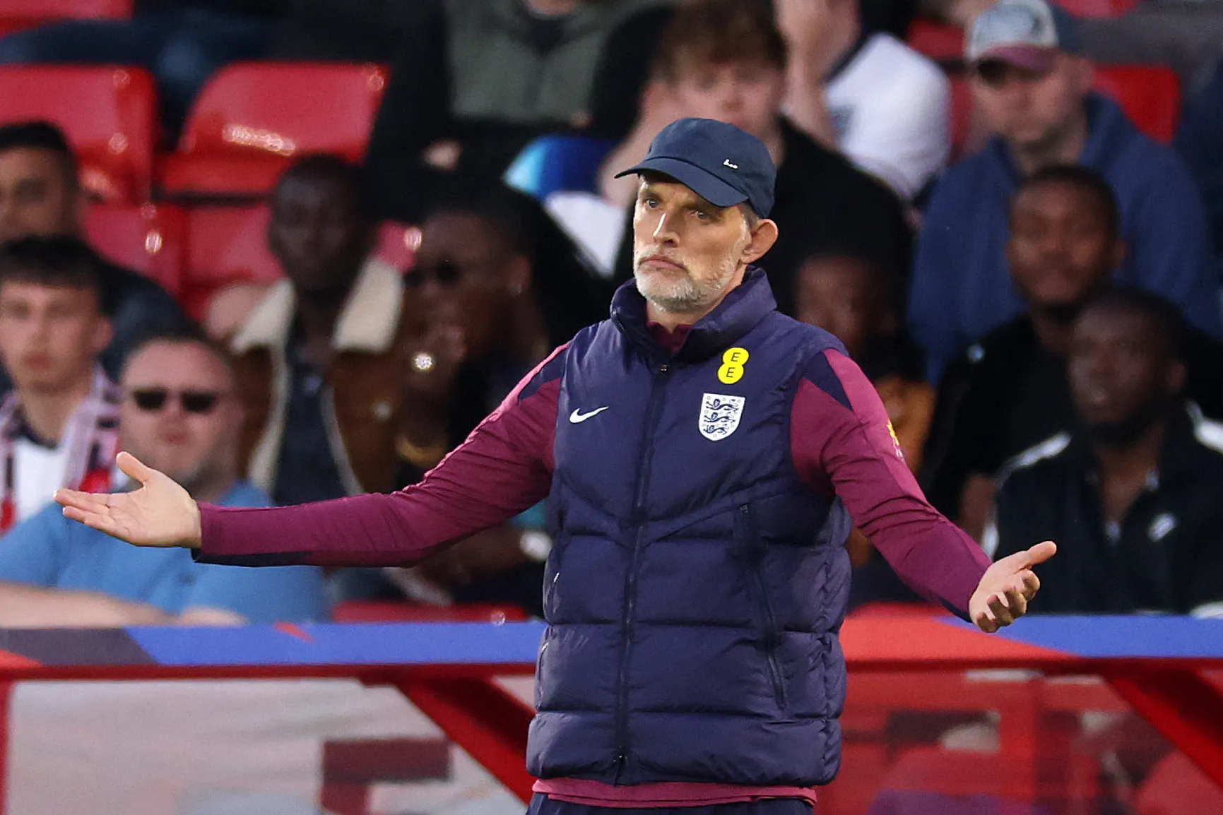 NOTTINGHAM, ENGLAND – JUNE 10: Thomas Tuchel, Head Coach of England reacts during the international friendly match between England and Senegal at City Ground on June 10, 2025 in Nottingham, England. (Photo by Carl Recine/Getty Images)