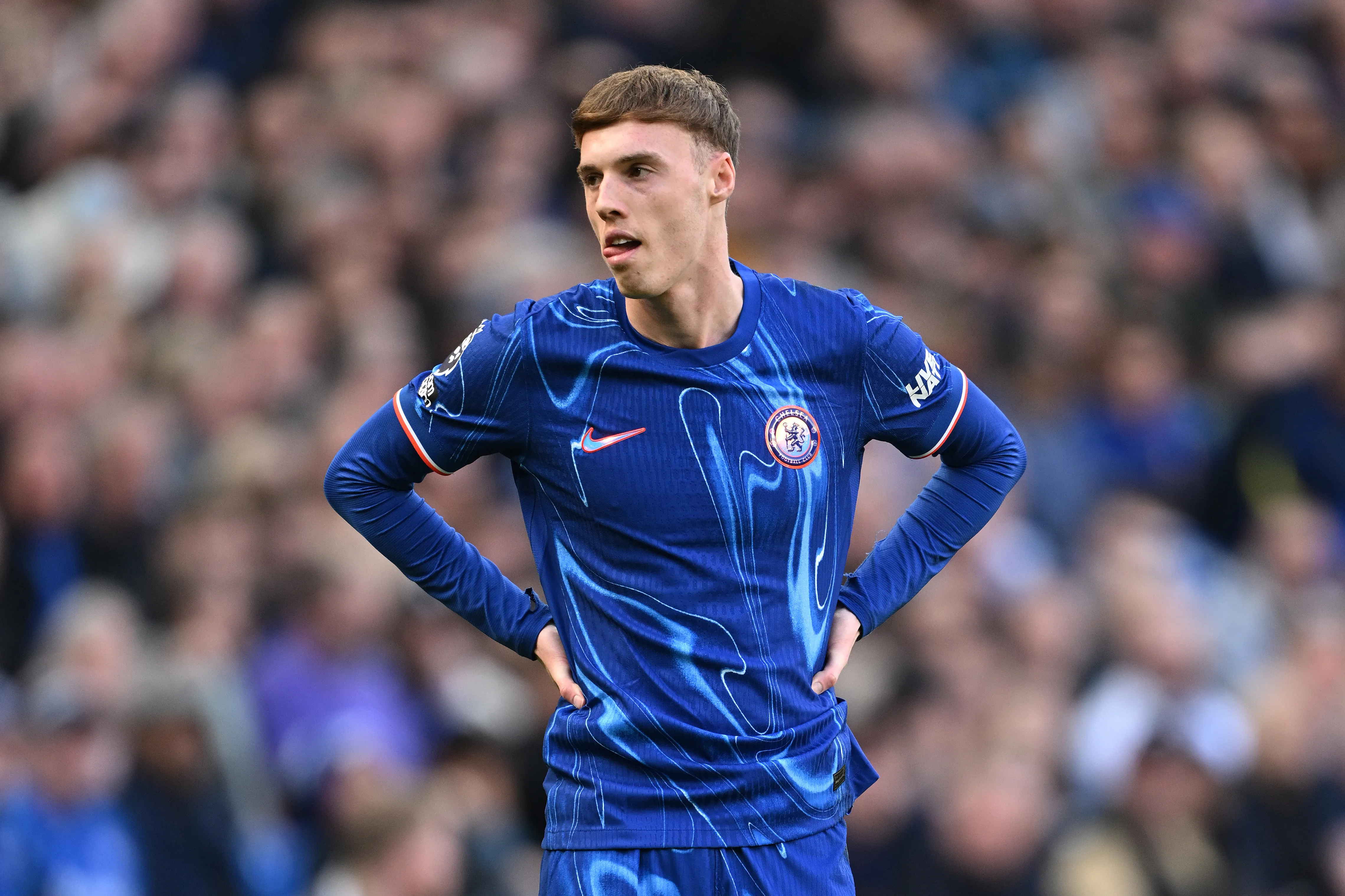 LONDON, ENGLAND – MARCH 09: Cole Palmer of Chelsea looks on during the Premier League match between Chelsea FC and Leicester City FC at Stamford Bridge on March 09, 2025 in London, England. (Photo by Mike Hewitt/Getty Images)