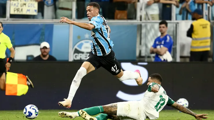Alysson Edward of Gremio dribbles past Micael of Palmeiras compete for the ball during the match between Gremio and Palmeiras as part of Brasileirao 2025 at Arena do Gremio on November 25, 2025 in Porto Alegre, Brazil.