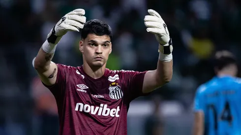 Gabriel Brazão goleiro do Santos durante partida contra o Palmeiras no estádio Arena Allianz Parque pelo campeonato Brasileiro A 2026. Foto: Ettore Chiereguini/AGIF