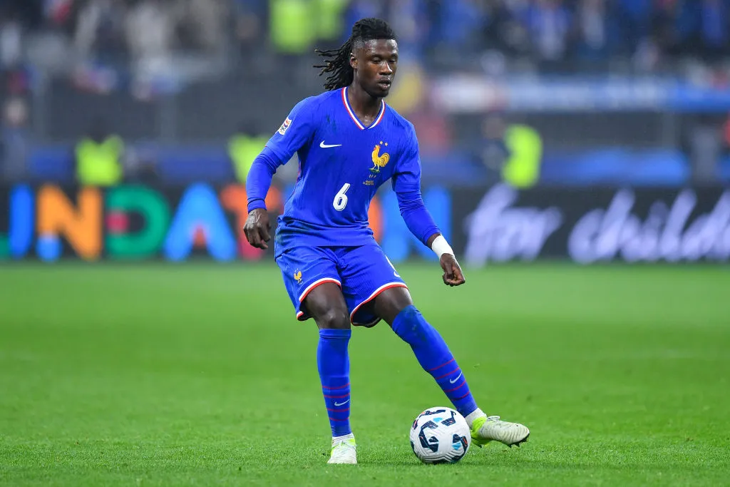Eduardo Camavinga of France  passes the ball during the UEFA Nations League 2024/25 League A Group A2 match between France and Israel at Stade de France on November 14, 2024 in Paris, France. (Photo by Franco Arland/Getty Images)