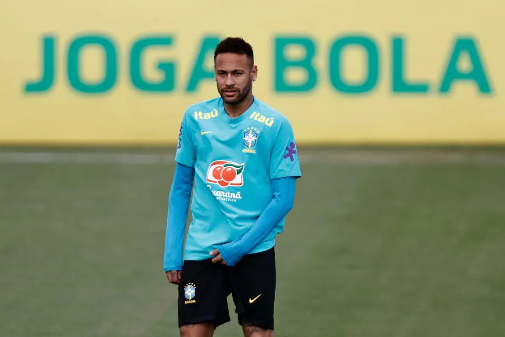 Neymar Jr. looks on during a training session of the Brazilian national football team at the squad’s Granja Comary training complex on March 23, 2022 in Teresopolis, Brazil. Brazil faces Chile on March 24 as part of the South American FIFA World Cup Qualifiers for Qatar 2022 at the Maracana stadium in Rio de Janeiro, Brazil. (Photo by Buda Mendes/Getty Images)