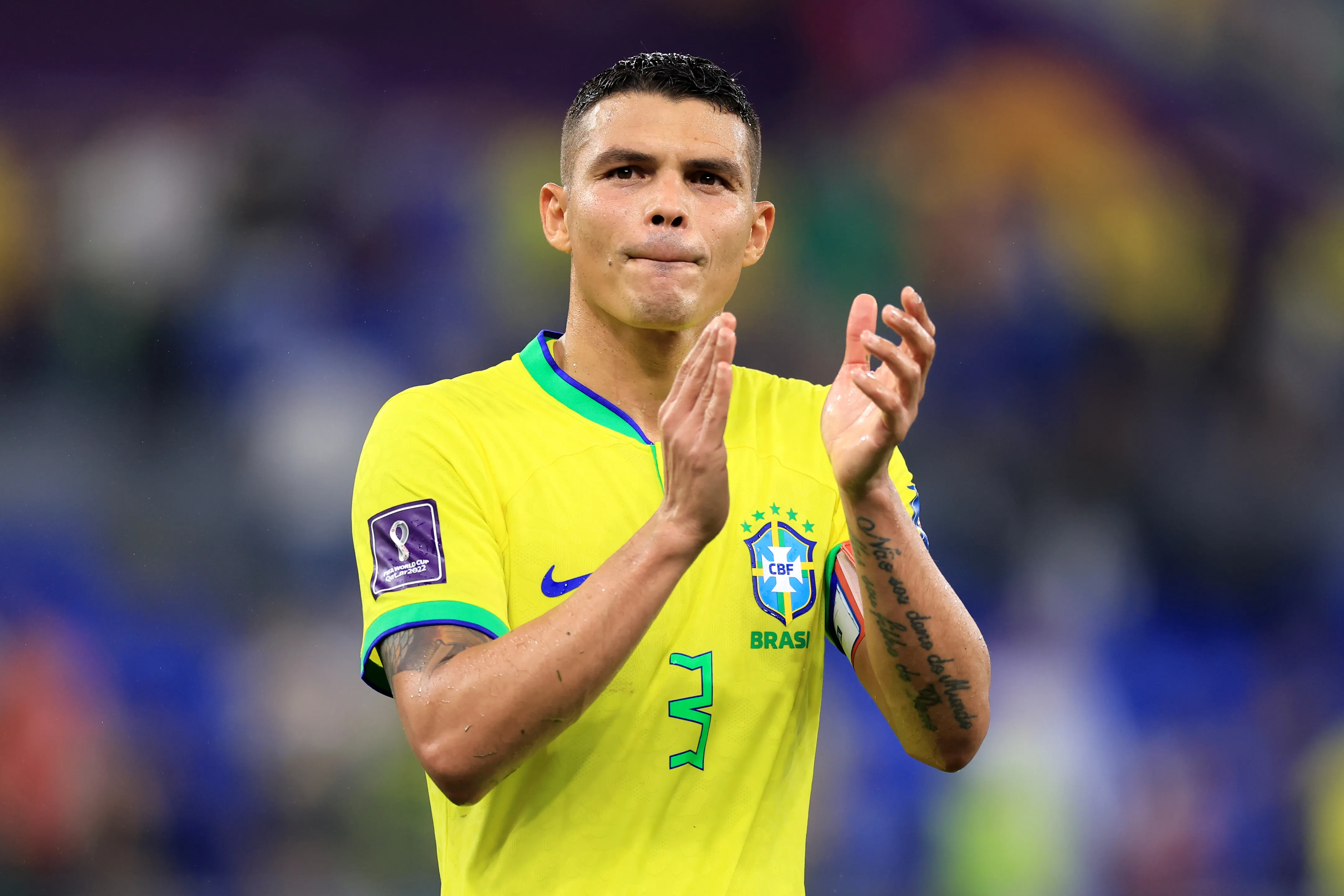 DOHA, QATAR – DECEMBER 05: Thiago Silva of Brazil celebrates after the 4-1 win during the FIFA World Cup Qatar 2022 Round of 16 match between Brazil and South Korea at Stadium 974 on December 05, 2022 in Doha, Qatar. (Photo by Buda Mendes/Getty Images)