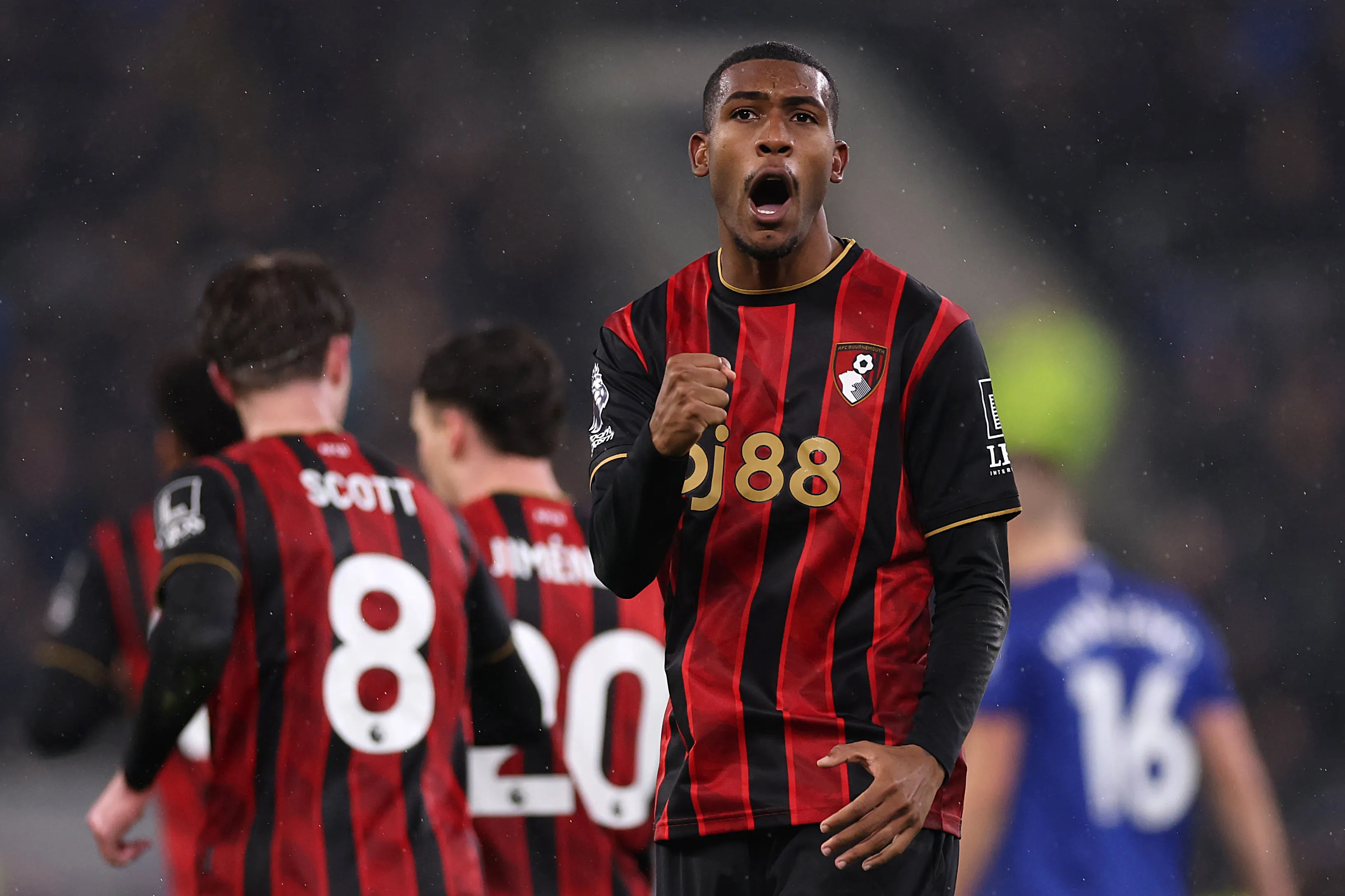 Rayan of AFC Bournemouth celebrates scoring his team’s first goal during the Premier League match between Everton and Bournemouth at Goodison Park on February 10, 2026 in Liverpool, England. (Photo by Carl Recine/Getty Images)