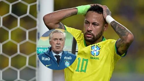 Neymar Jr., do Brasil, reage durante a partida das Eliminatórias para a Copa do Mundo da FIFA 2026 entre Brasil e Bolívia/O treinador Carlo Ancelotti, do Brasil, observa antes do amistoso internacional entre Coreia do Sul e Brasil (Imagem: Pedro Vilela/Getty Images/Chung Sung-Jun/Getty Images)
