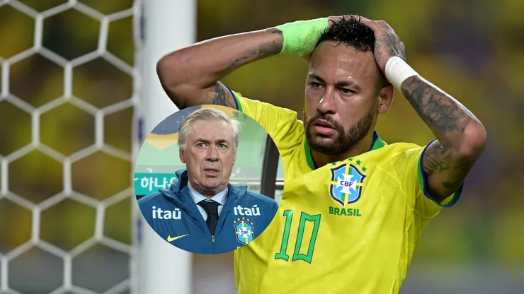 Neymar Jr., do Brasil, reage durante a partida das Eliminatórias para a Copa do Mundo da FIFA 2026 entre Brasil e Bolívia/O treinador Carlo Ancelotti, do Brasil, observa antes do amistoso internacional entre Coreia do Sul e Brasil (Imagem: Pedro Vilela/Getty Images/Chung Sung-Jun/Getty Images)
