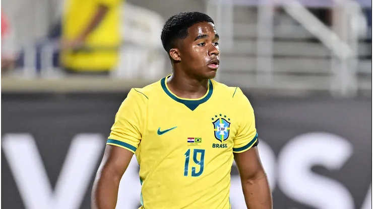 ORLANDO, FLORIDA - MARCH 31: Endrick of Brazil looks on during the international friendly match between Brazil and Croatia at Camping World Stadium on March 31, 2026 in Orlando, Florida. (Photo by Julio Aguilar/Getty Images)