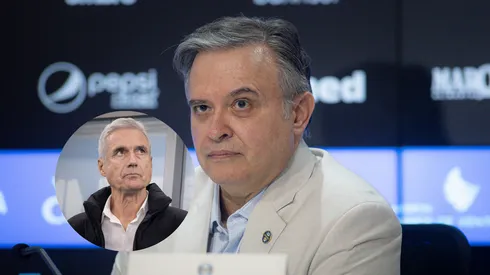 O dirigente Antonio Dutra Jr fala aos jornalistas durante apresentação oficial de Luís Castro/Luís Castro técnico do Grêmio durante partida contra o Santos (Imagem: Maxi Franzoi/AGIF)