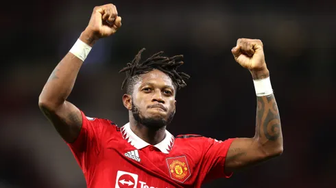 Fred of Manchester United celebrates after their sides victory during the Premier League match between Manchester United and Tottenham Hotspur at Old Trafford on October 19, 2022 in Manchester, England.