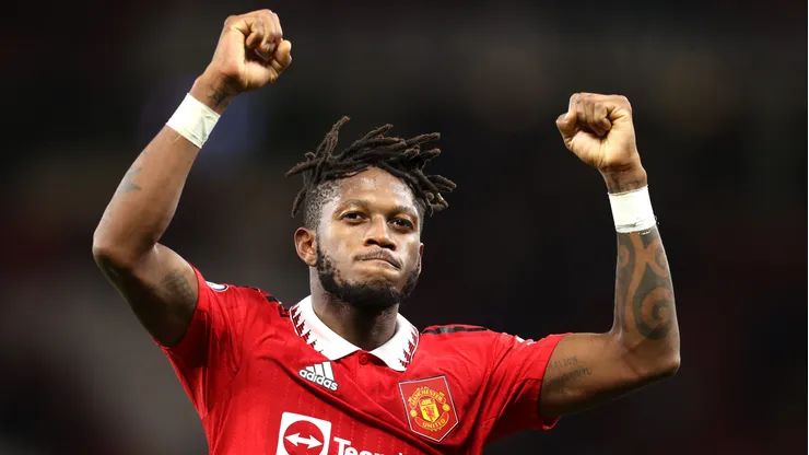 Fred of Manchester United celebrates after their sides victory during the Premier League match between Manchester United and Tottenham Hotspur at Old Trafford on October 19, 2022 in Manchester, England.