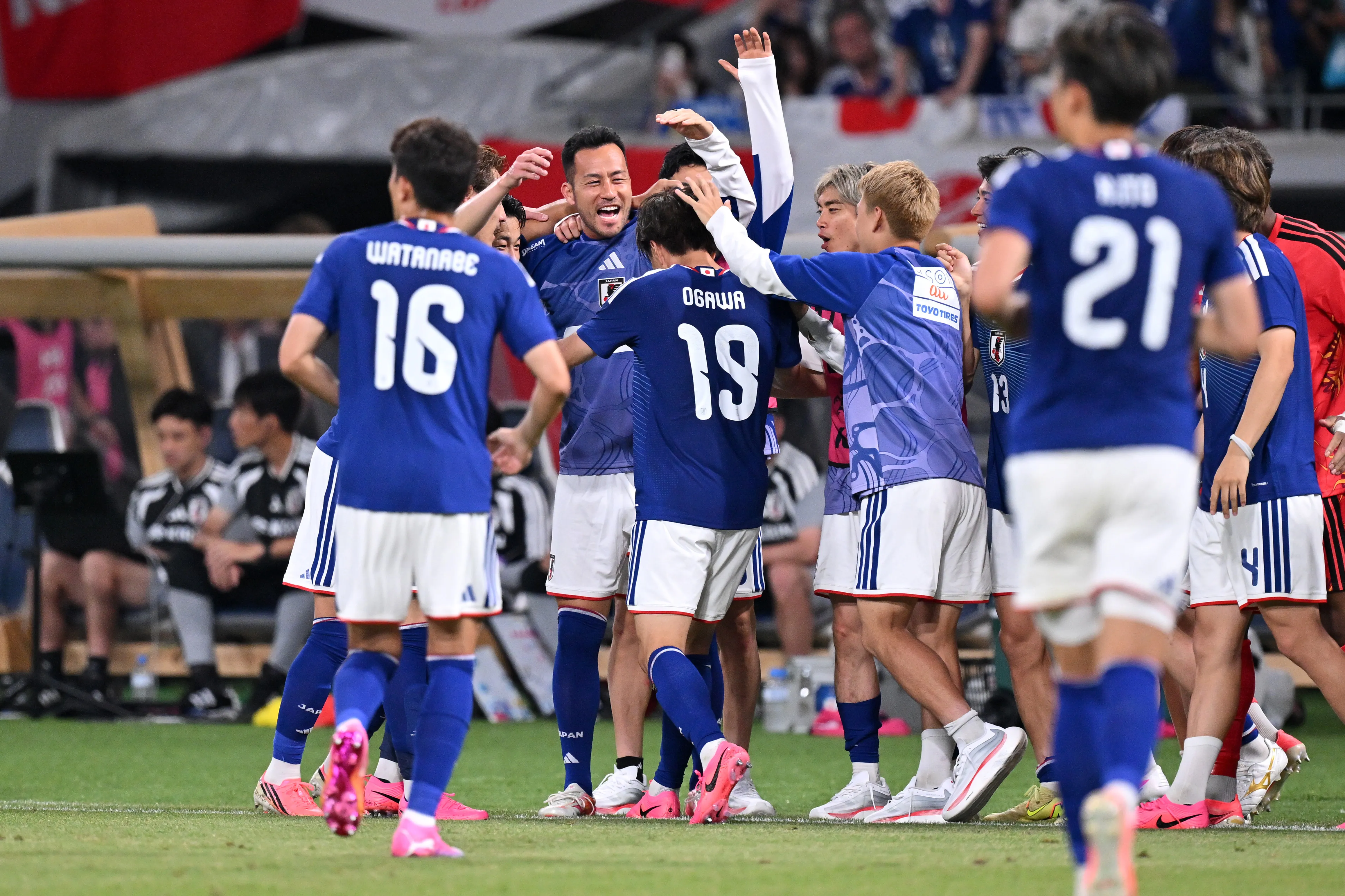 TOKYO, JAPAN – MAY 31: Koki Ogawa (C) of Japan celebrates with teammates after scoring the team’s first goal during the international friendly match between Japan and Iceland at MUFG Stadium on May 31, 2026 in Tokyo, Japan. (Photo by Kenta Harada/Getty Images)