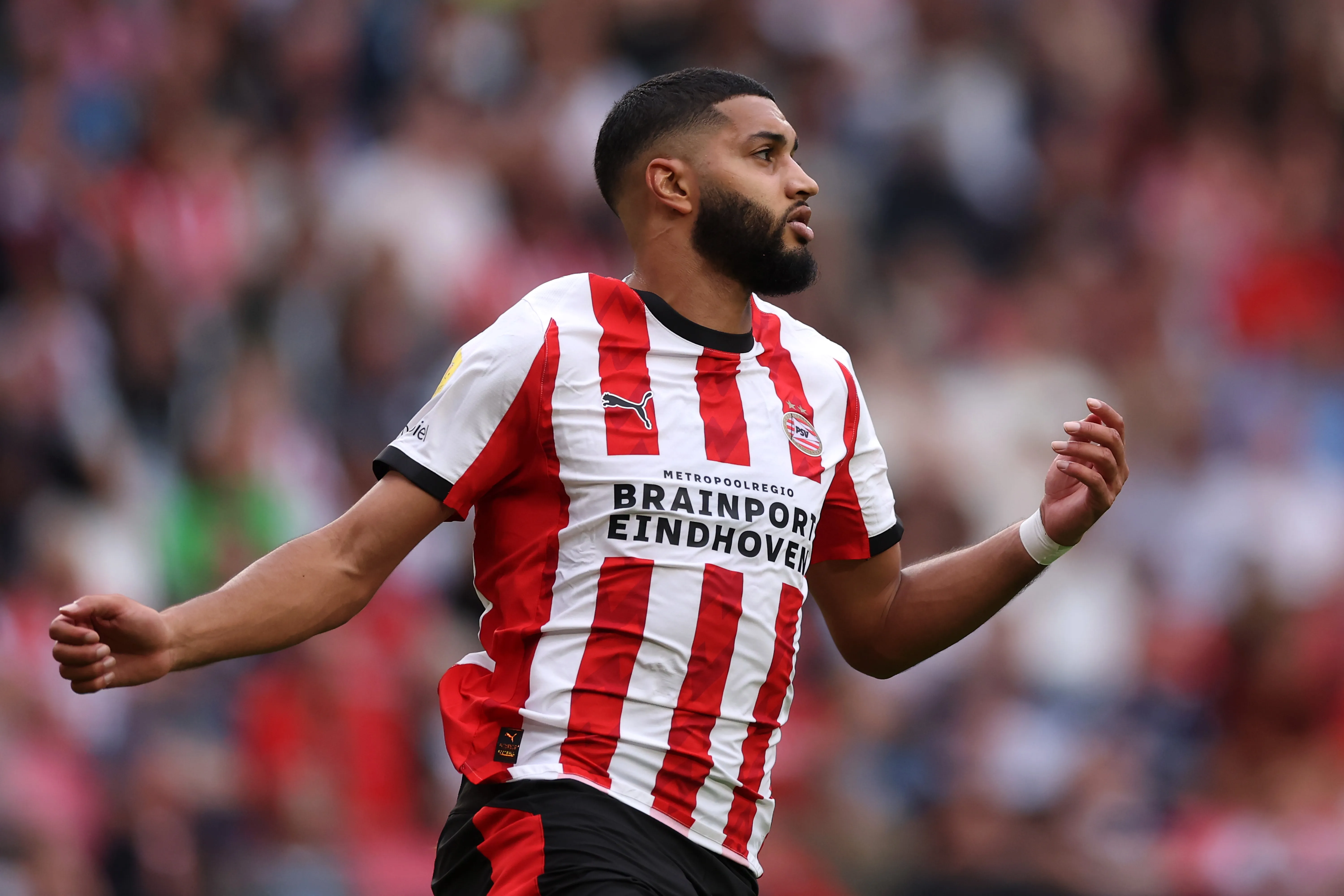 EINDHOVEN, NETHERLANDS – AUGUST 03: Ismael Saibari of PSV in action during the Johan Cruijff Schaal match between PSV and Go Ahead Eagles at Philips Stadion on August 03, 2025 in Eindhoven, Netherlands. (Photo by Dean Mouhtaropoulos/Getty Images)