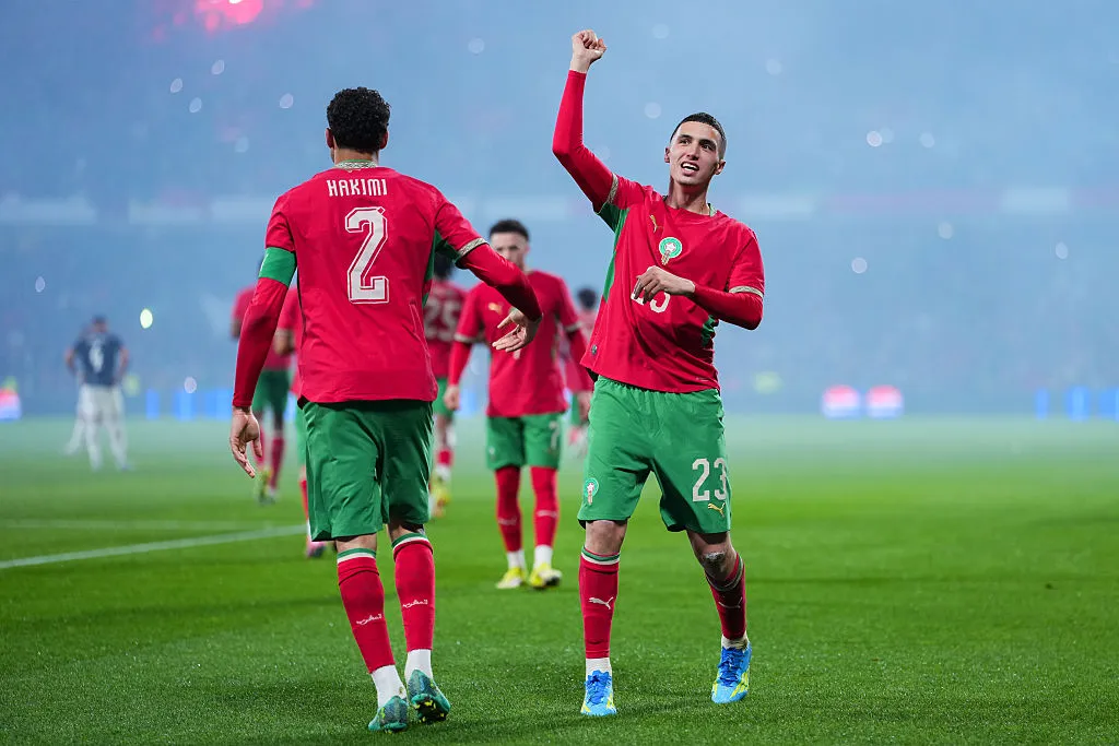 Jogadores do Marrocos comemoram gol marcado. (Photo by Franco Arland/Getty Images)
