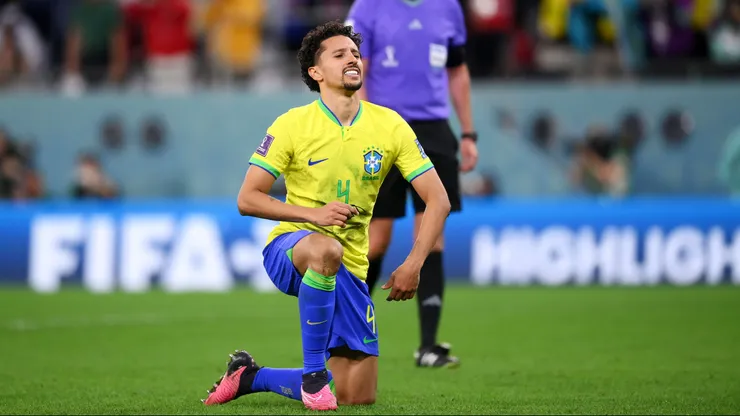 AL RAYYAN, QATAR - DECEMBER 09: Marquinhos of Brazil reacts after missing the deciding penalty in the penalty shoot out during the FIFA World Cup Qatar 2022 quarter final match between Croatia and Brazil at Education City Stadium on December 09, 2022 in Al Rayyan, Qatar. (Photo by Laurence Griffiths/Getty Images)
