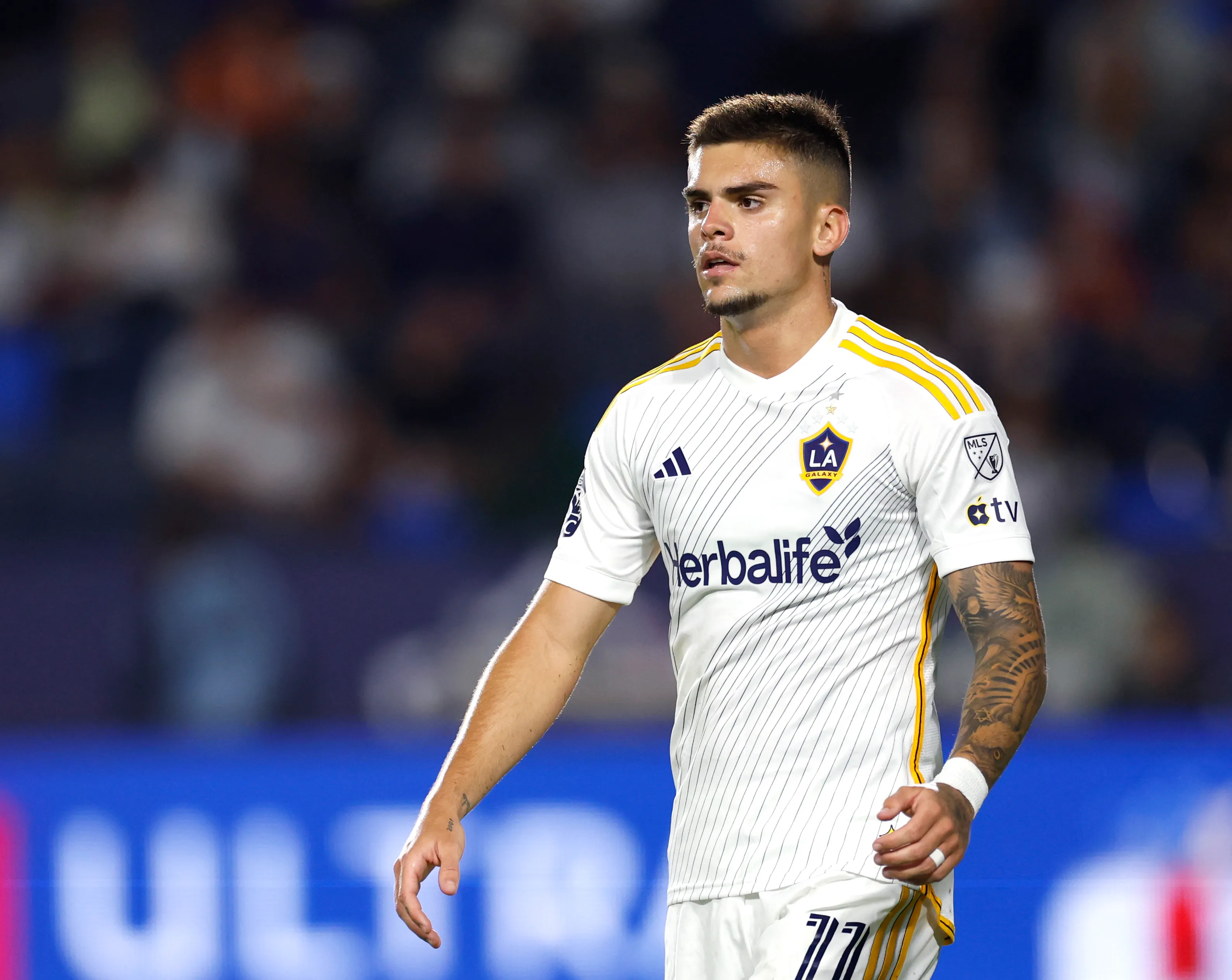 CARSON, CALIFORNIA – MAY 28: Gabriel Pec #11 of Los Angeles Galaxy reacts after a missed show during a 1-0 San Jose Earthquakes win at Dignity Health Sports Park on May 28, 2025 in Carson, California. (Photo by Harry How/Getty Images)