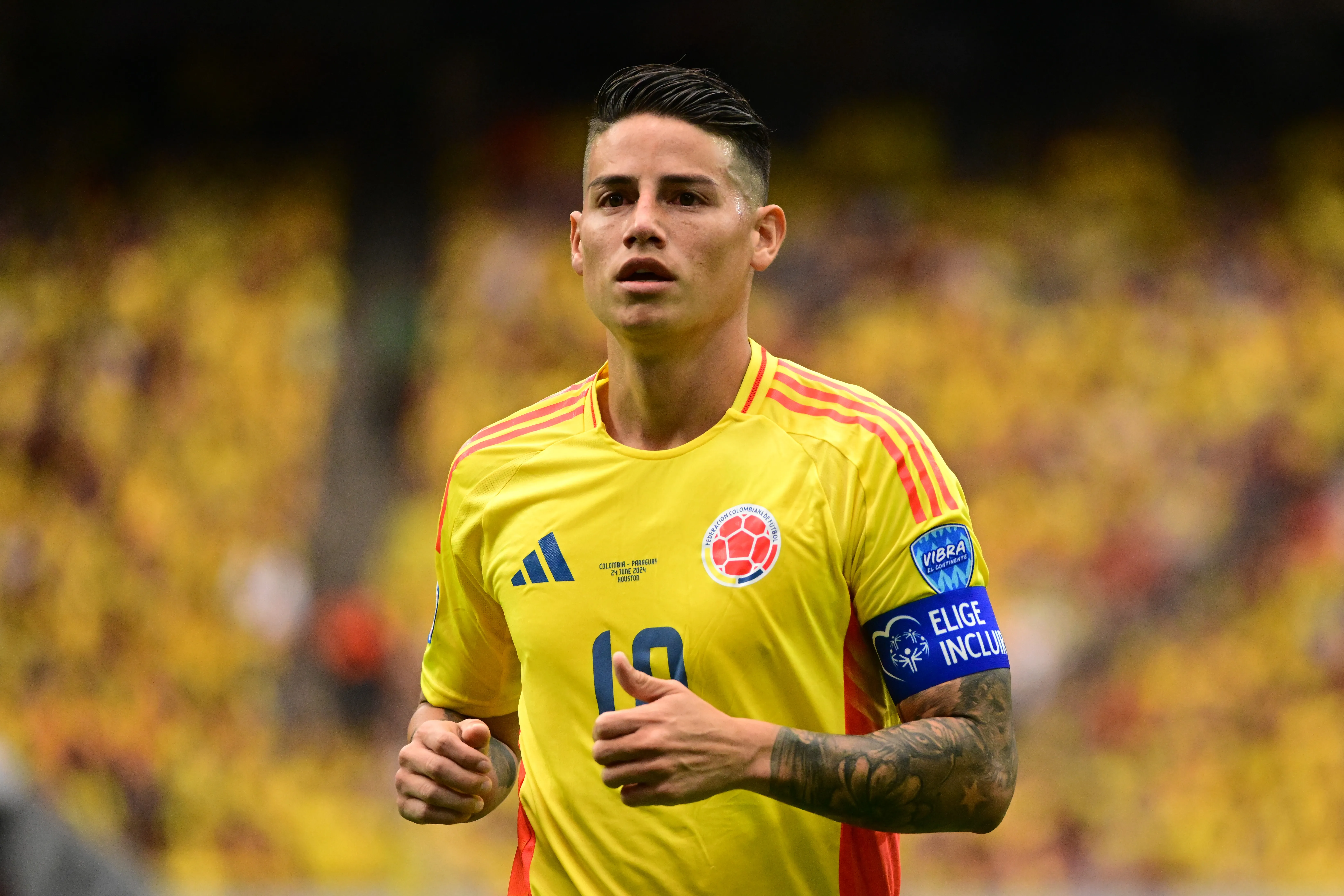 HOUSTON, TEXAS – JUNE 24: James Rodriguez of Colombia looks on during the CONMEBOL Copa America 2024 Group D match between Colombia and Paraguay at NRG Stadium on June 24, 2024 in Houston, Texas. (Photo by Logan Riely/Getty Images)