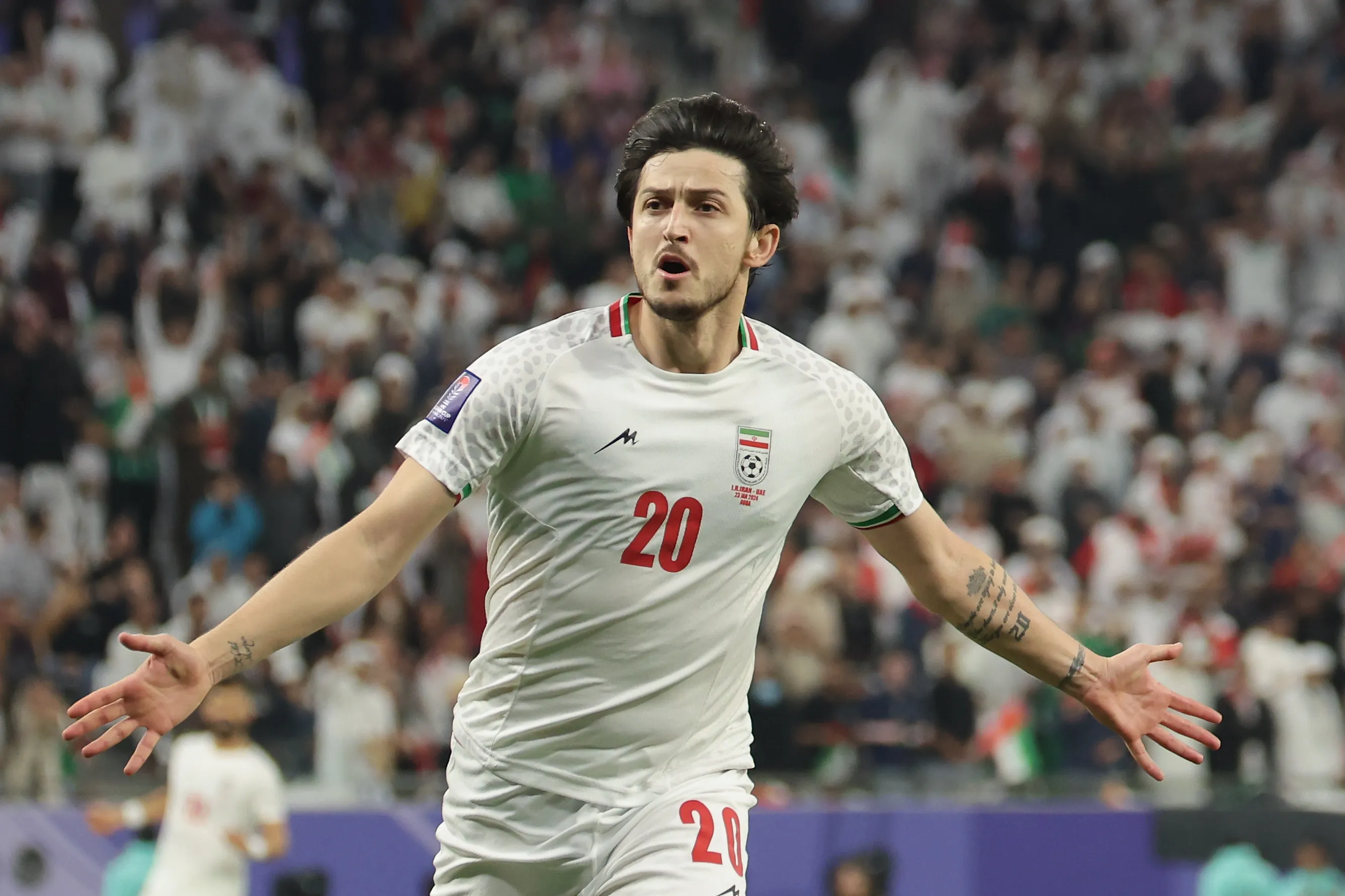 AL RAYYAN, QATAR – JANUARY 23: Sardar Azmoun of Iran celebrates during the AFC Asian Cup Group C match between Iran and United Arab Emirates at Education City Stadium on January 23, 2024 in Al Rayyan, Qatar. (Photo by Lintao Zhang/Getty Images)