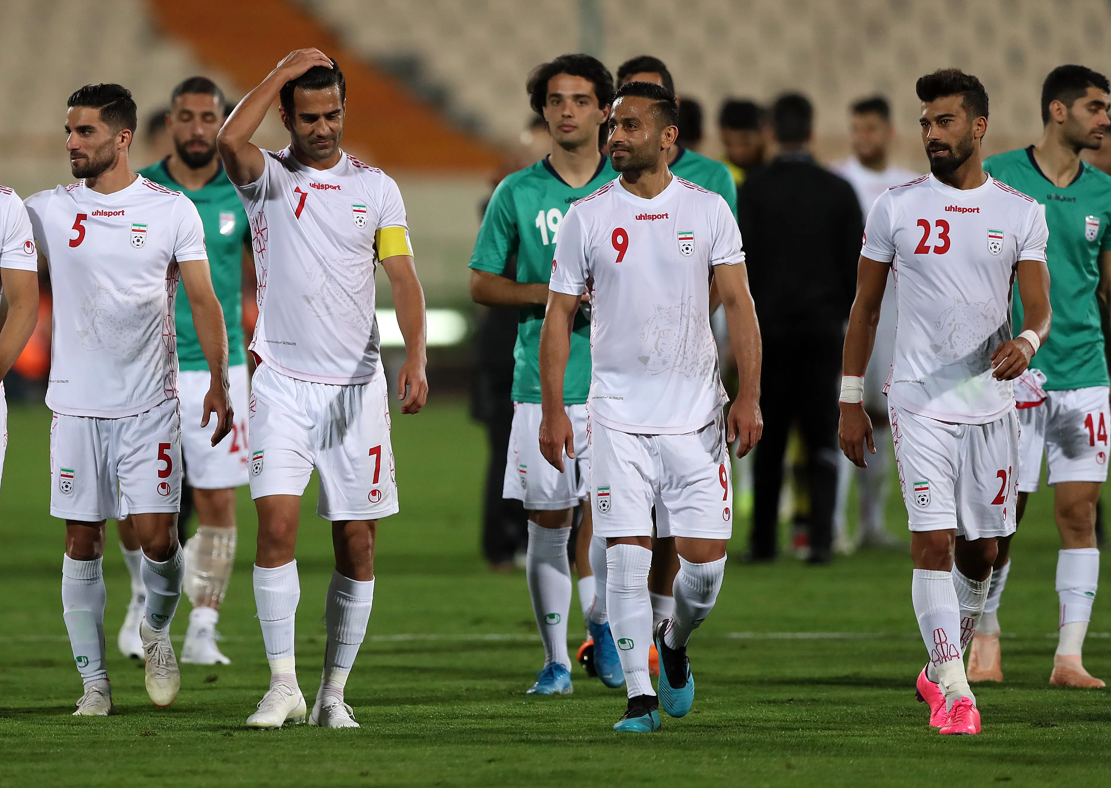 TEHRAN, IRAN – OCTOBER 10: Iranian Players look on during the FIFA World Cup Qualifier match between Iran v Cambodia at Azadi Stadium on October 10, 2019 in Tehran, Iran. (Photo by Amin M. Jamali/Getty Images)