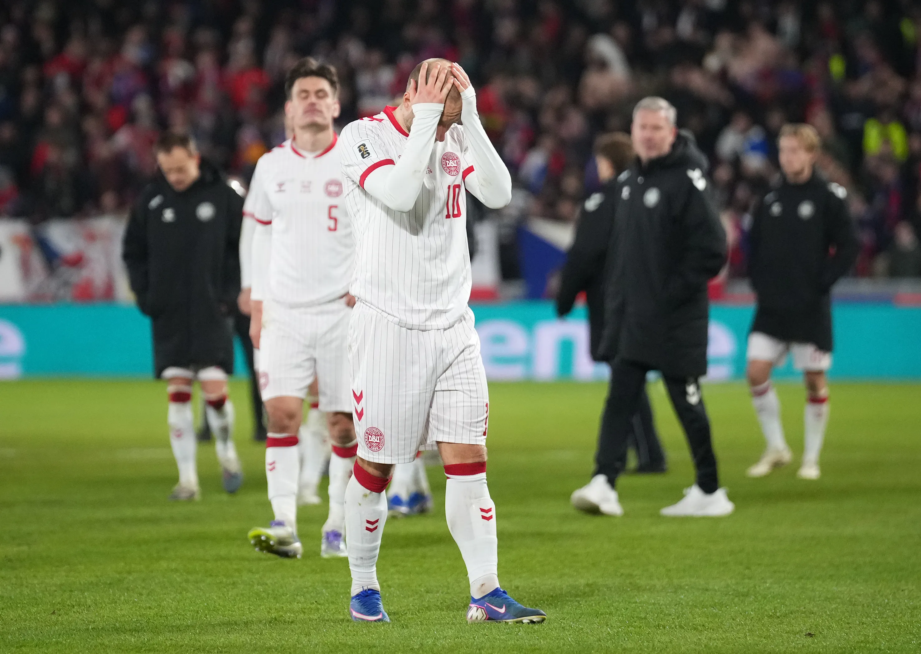 PRAGUE, CZECH REPUBLIC – MARCH 31: Christian Eriksen of Denmark reacts after losing during the FIFA World Cup 2026 European Qualifiers KO play-offs match between Czechia and Denmark at EPET ARENA on March 31, 2026 in Prague, Czech Republic. (Photo by Gabriel Kuchta/Getty Images)