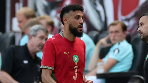 HARRISON, NEW JERSEY - JUNE 07: Noussair Mazraoui of Morocco exits the pitch injured during the international friendly match between Morocco and Norway at Red Bull Arena on June 07, 2026 in Harrison, New Jersey. (Photo by Vincent Carchietta/Getty Images)