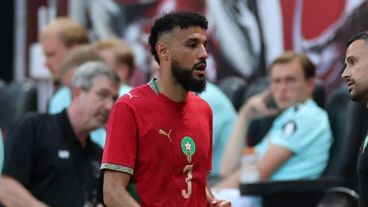 HARRISON, NEW JERSEY - JUNE 07: Noussair Mazraoui of Morocco exits the pitch injured during the international friendly match between Morocco and Norway at Red Bull Arena on June 07, 2026 in Harrison, New Jersey. (Photo by Vincent Carchietta/Getty Images)