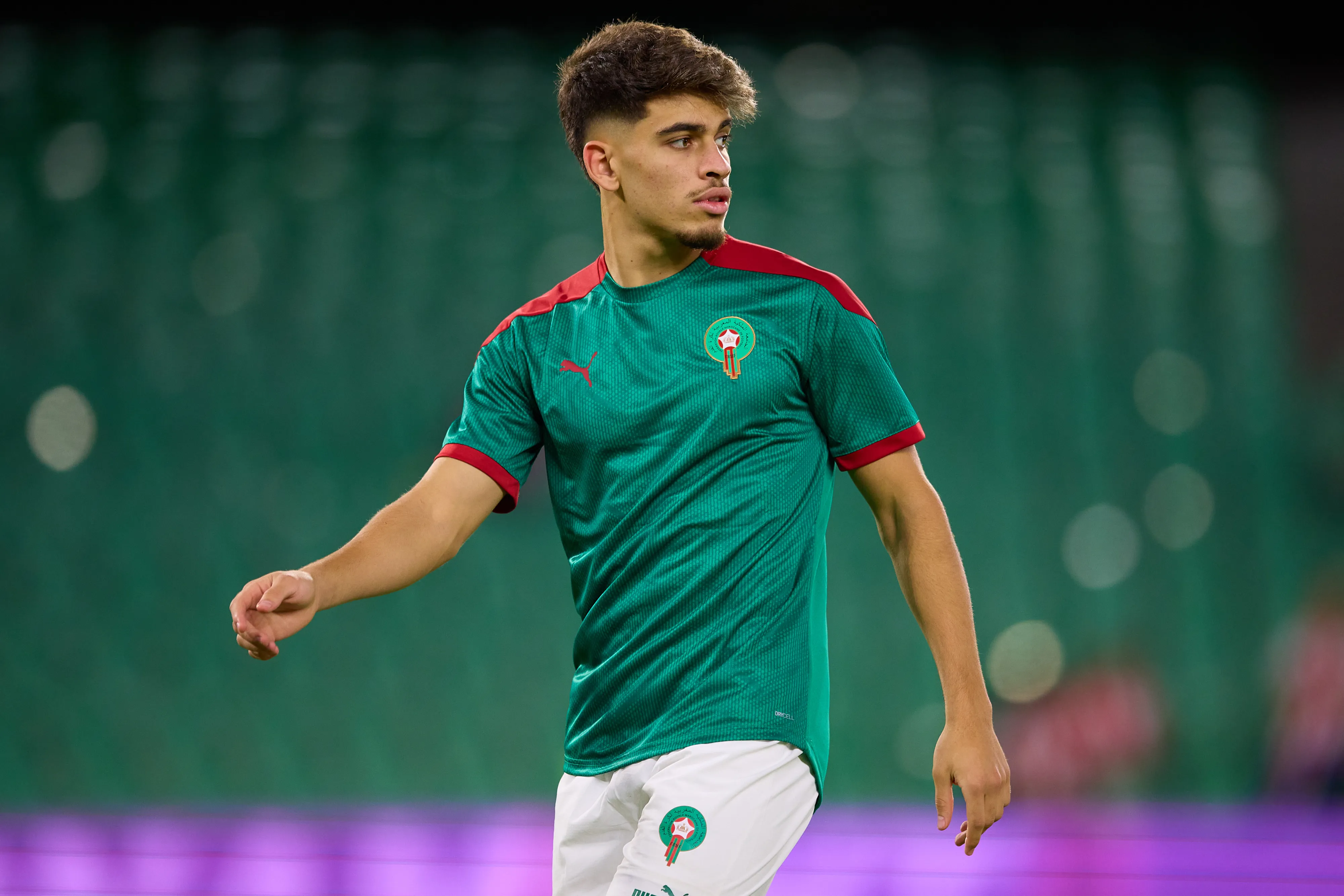 SEVILLE, SPAIN – SEPTEMBER 27: Abde Ezzalzouli of Morocco warms up prior to a friendly match between Paraguay and Morocco at Estadio Benito Villamarin on September 27, 2022 in Seville, Spain. (Photo by Fran Santiago/Getty Images)