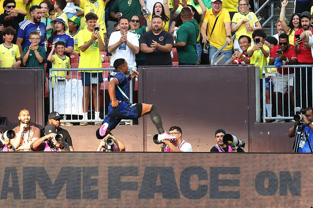 Endrick of Brazil celebrates after scoring the team’s second goal during the international friendly match between Brazil and Egypt at Huntington Bank Field on June 06, 2026 in Cleveland, Ohio. (Photo by Kirk Irwin/Getty Images)